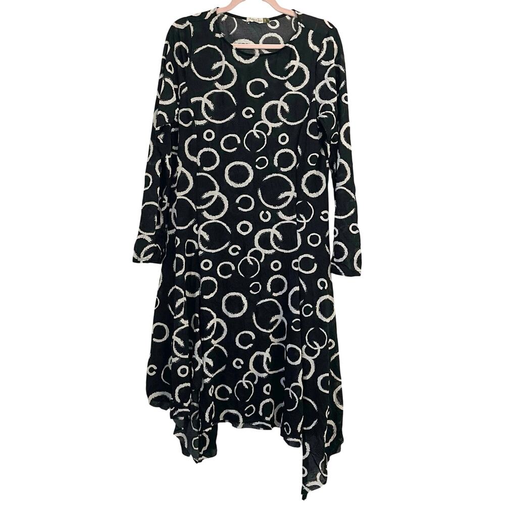 Chalet et ceci Crinkle Asymmetric Tunic Dress S Lagenlook Art to Wear Graphic